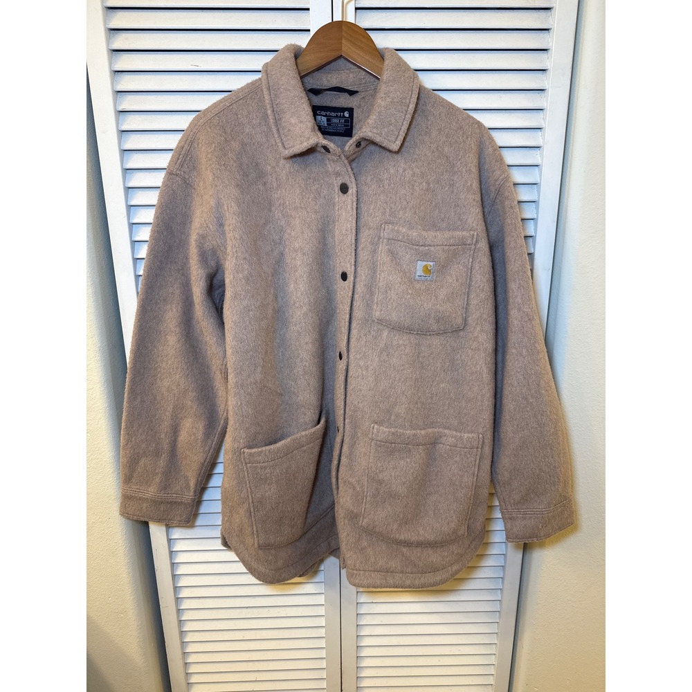 Carhartt Womens Loose Fit Fleece Shirt Jacket Taupe Brown Large L 12-14 Shacket
